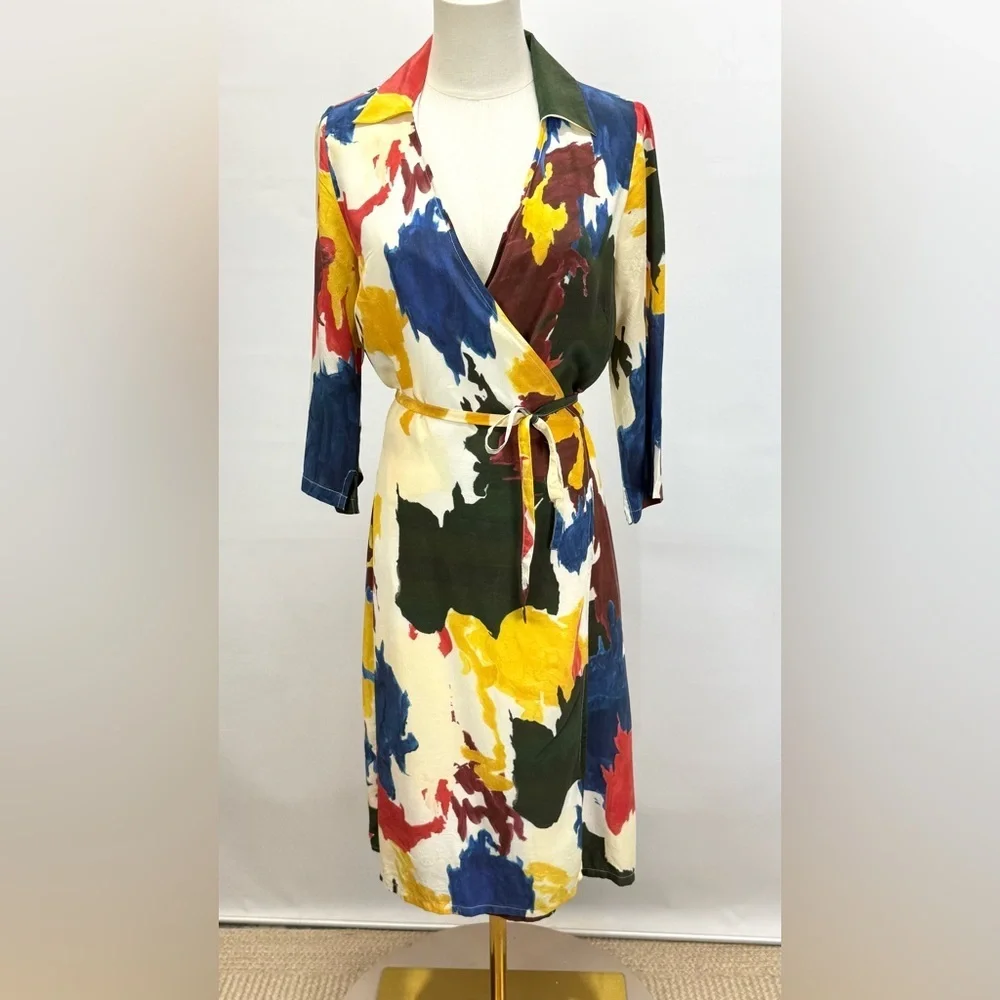 WRAY Multi color 100% Silk Expressionist wrap Dress size XS - Picture 3 of 15